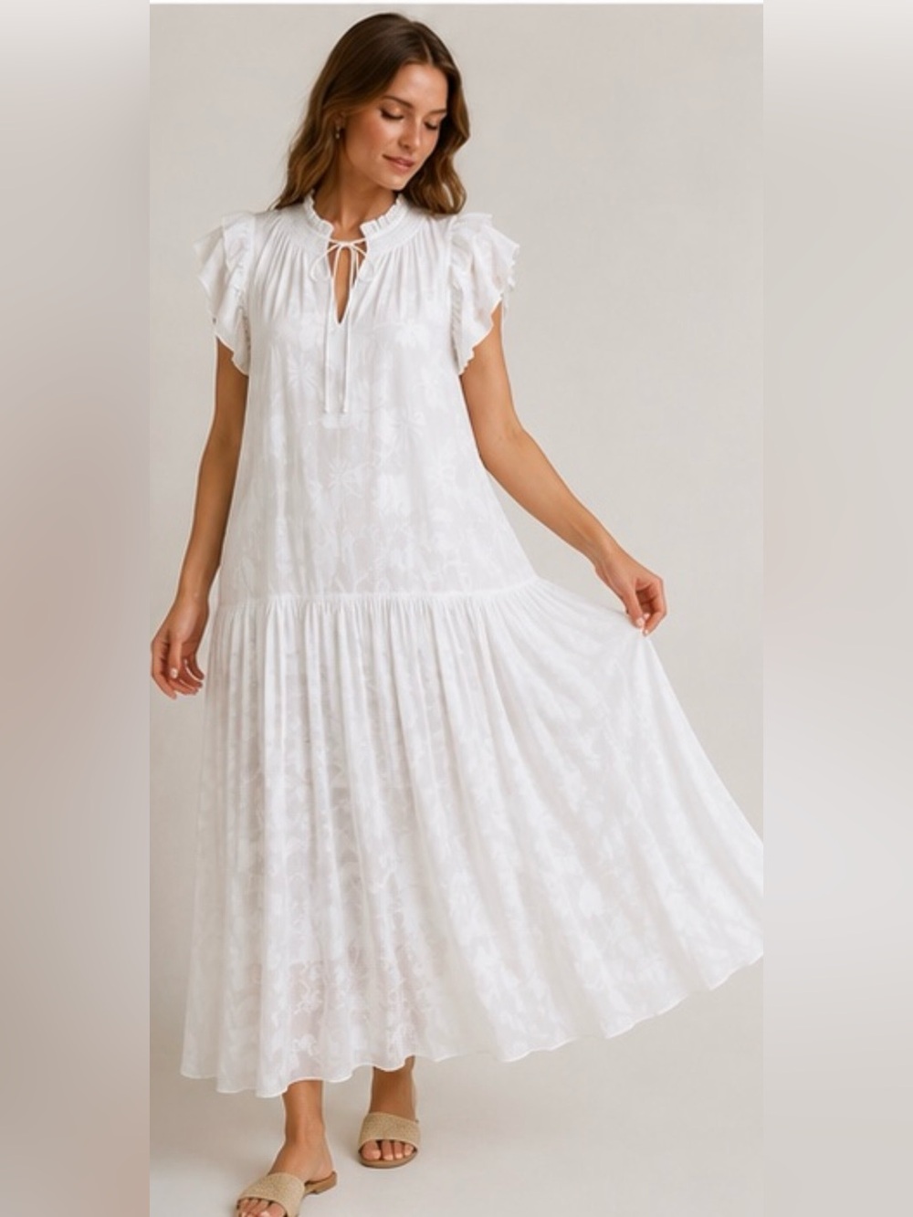 Current Air Ditsy Jacquard Ruffle Midi Dress White XS NWT